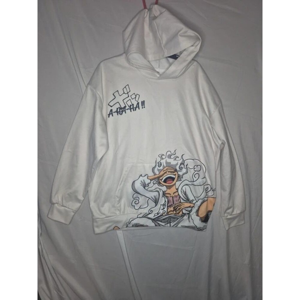 White graphic hoodie with anime graphic